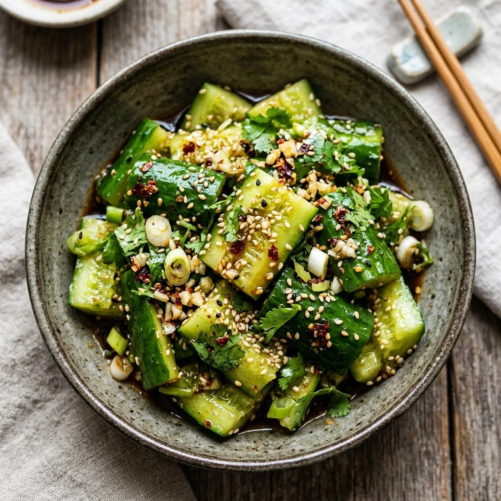 Smashed cucumber salad with fresh herbs and spices in a bowl