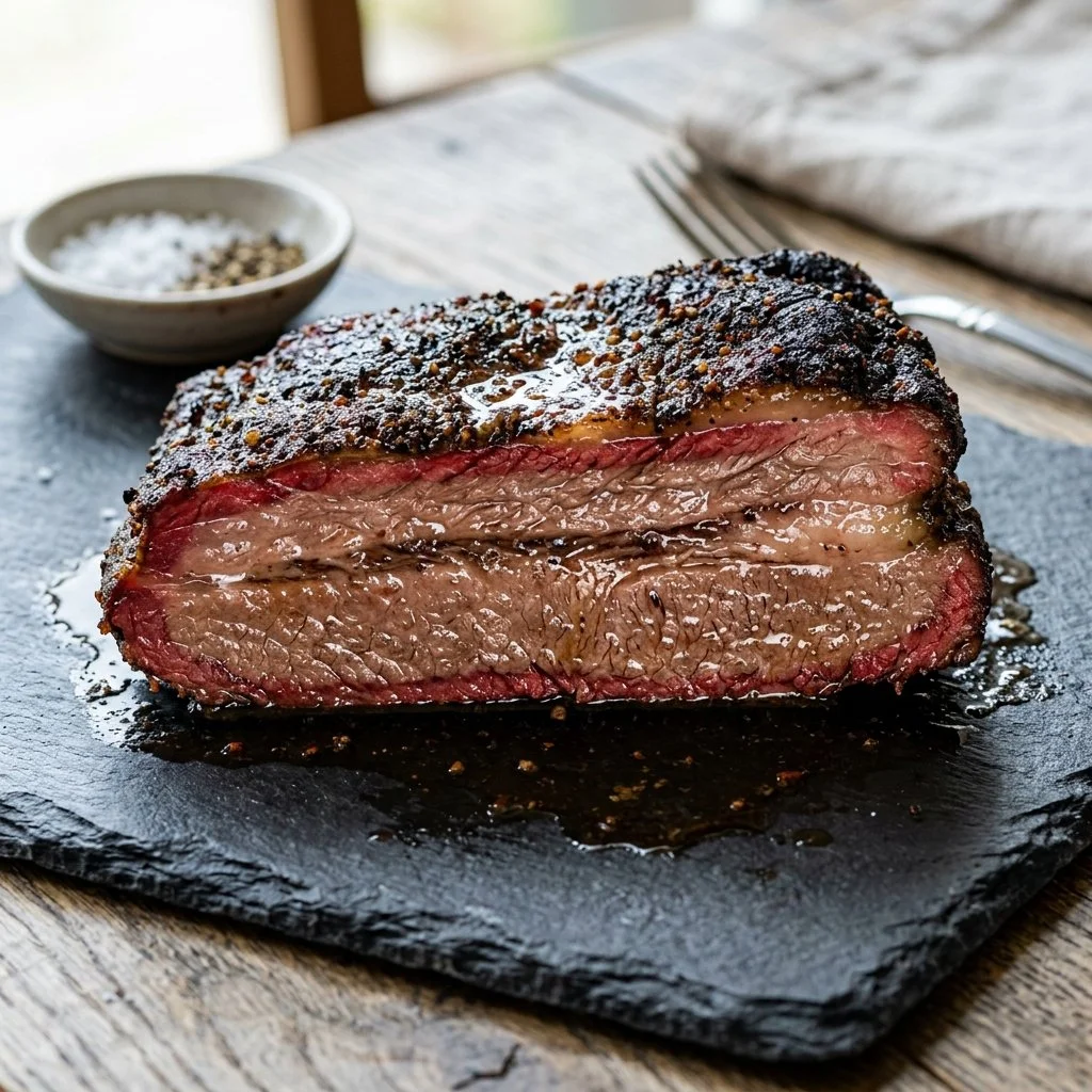 Deliciously smoked brisket on a wooden cutting board