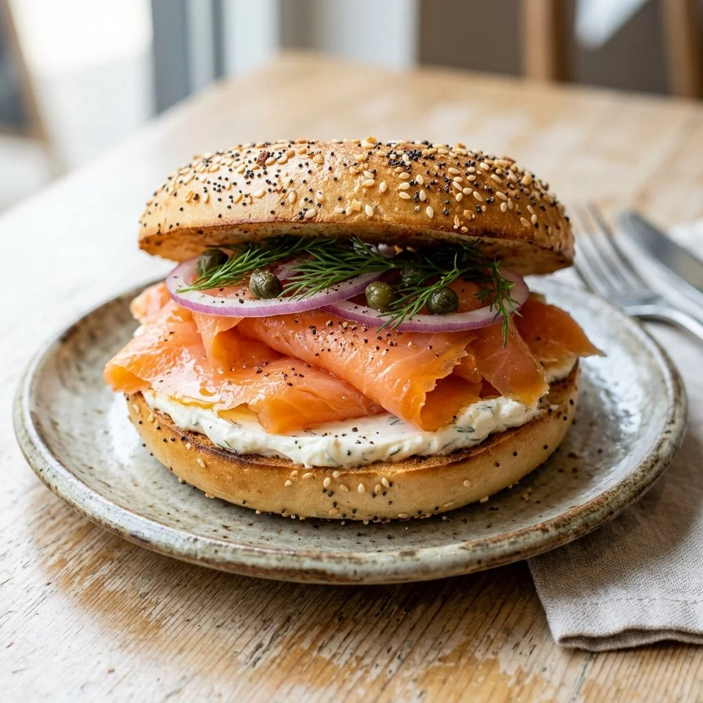 Delicious smoked salmon bagel with cream cheese and capers