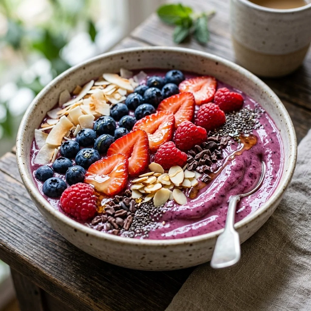 Colorful smoothie bowl topped with fresh fruits and nuts