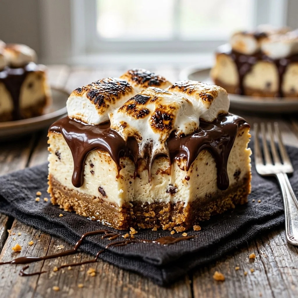 Delicious S'mores Cheesecake Bars topped with chocolate and graham crackers.