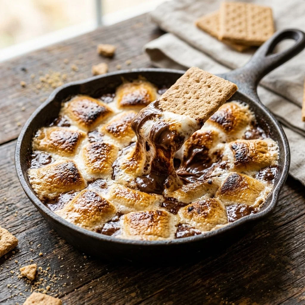 Delicious S'mores Dip served with graham crackers and chocolate