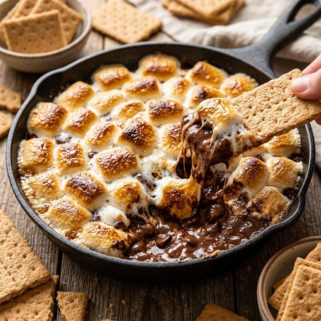 Delicious S'mores Dip served with graham crackers for dipping