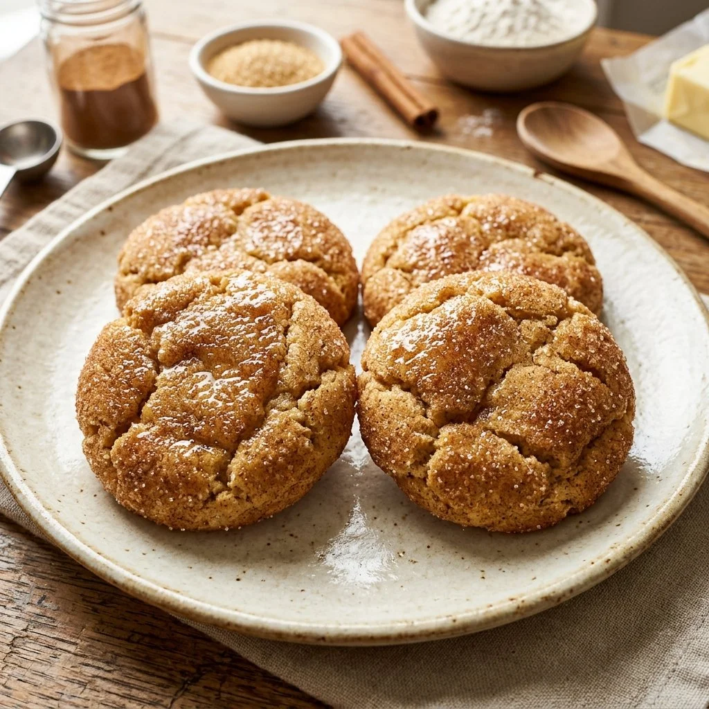 Freshly baked snickerdoodle cookies on a cooling rack
