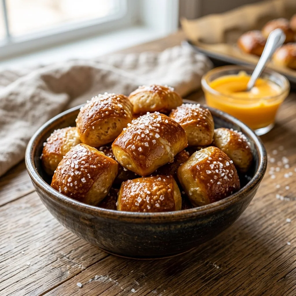 A close-up of fluffy soft pretzel bites with a sprinkle of coarse salt.