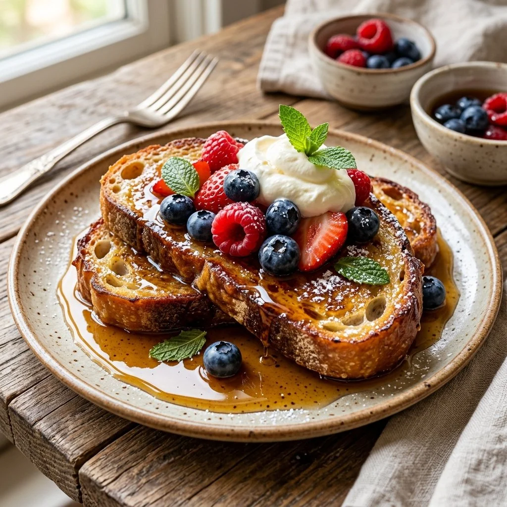 Deliciously made sourdough French toast topped with fresh berries and syrup