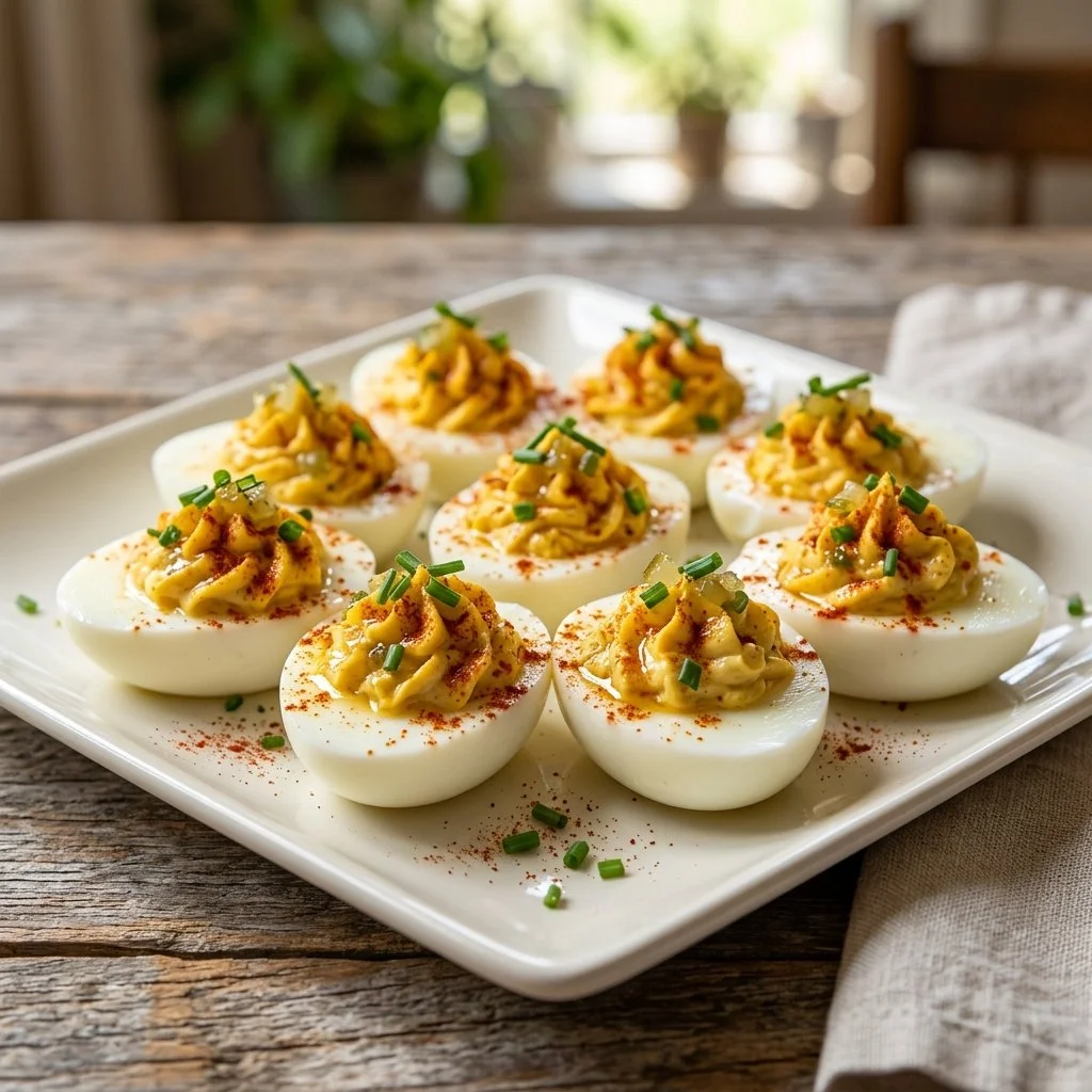 Delicious Southern deviled eggs garnished with paprika and herbs.