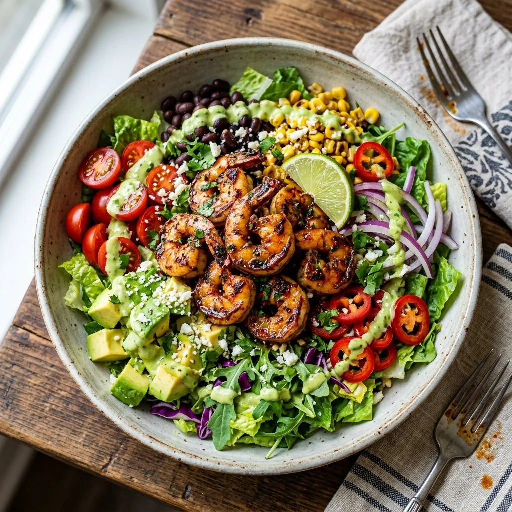 Delicious spicy shrimp taco salad with fresh vegetables and toppings