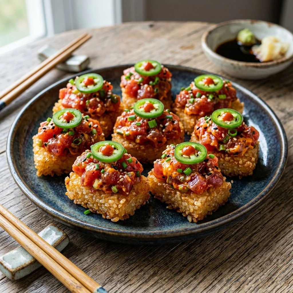 Spicy Tuna Crispy Rice topped with creamy sauce and green onions on a plate.
