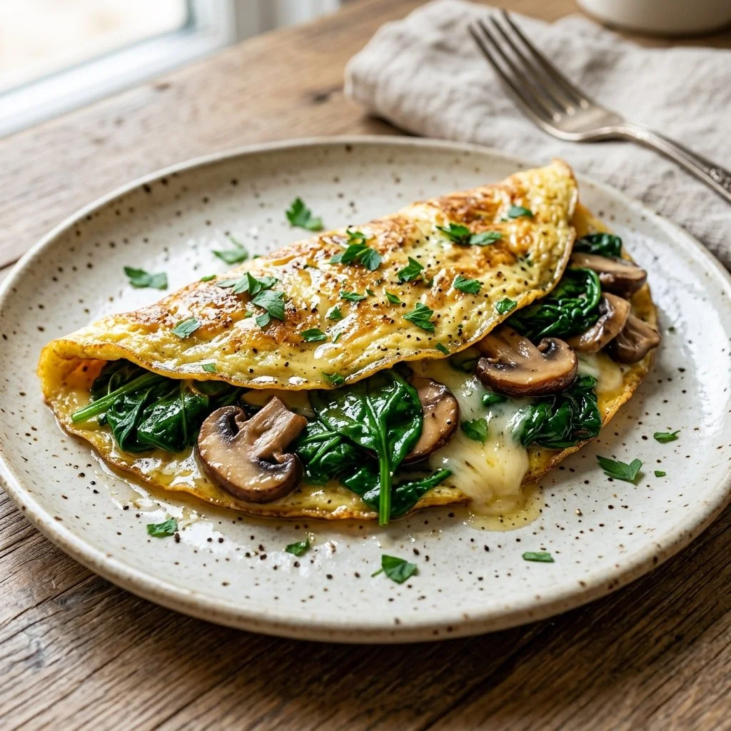 Healthy Spinach and Mushroom Omelette on a plate ready to serve