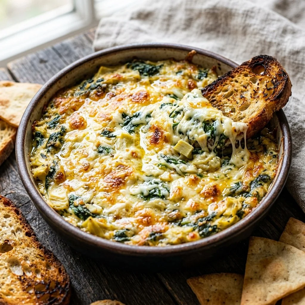 Delicious creamy Spinach Artichoke Dip served in a bowl with crispy chips