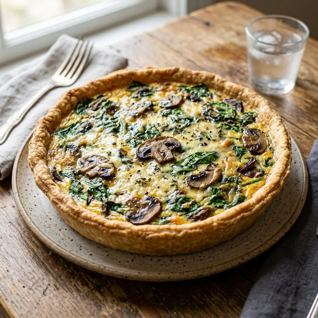 Slice of Spinach Mushroom Quiche on a plate garnished with parsley