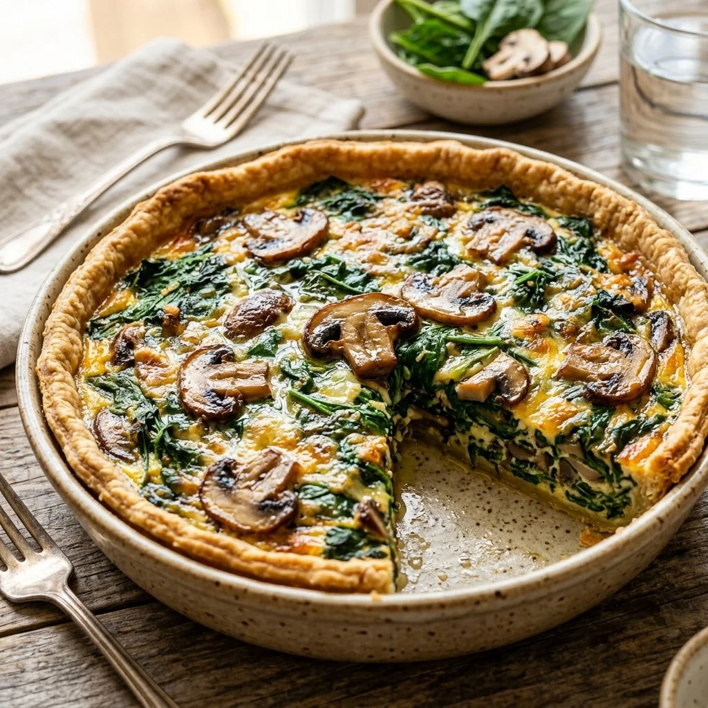 Delicious homemade Spinach Mushroom Quiche served on a wooden table
