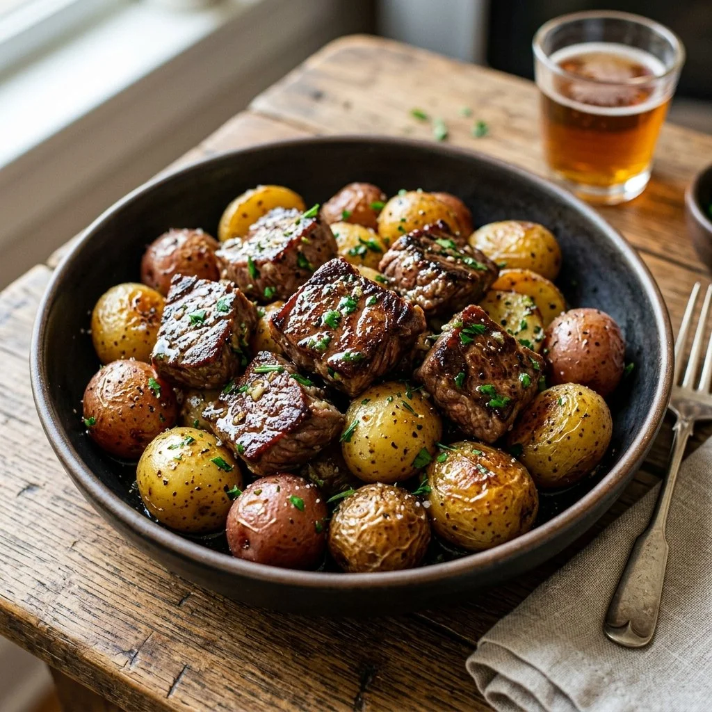 Delicious steak bites served with seasoned potatoes on a plate