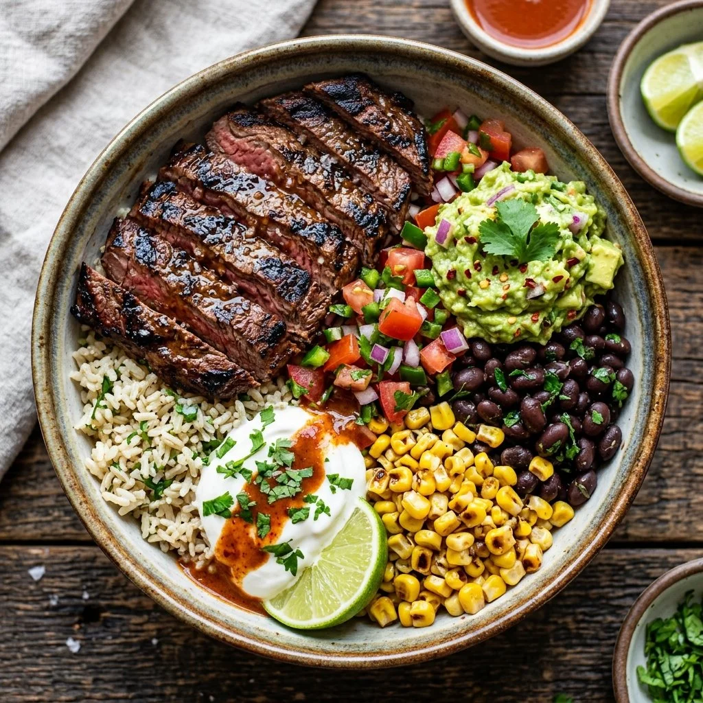 Delicious Steak Burrito Bowl with fresh ingredients and vibrant colors