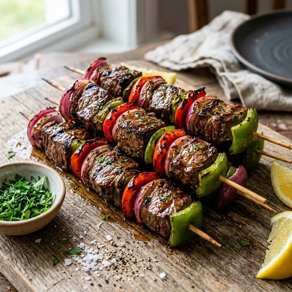 Grilled steak kabobs with vegetables on skewers