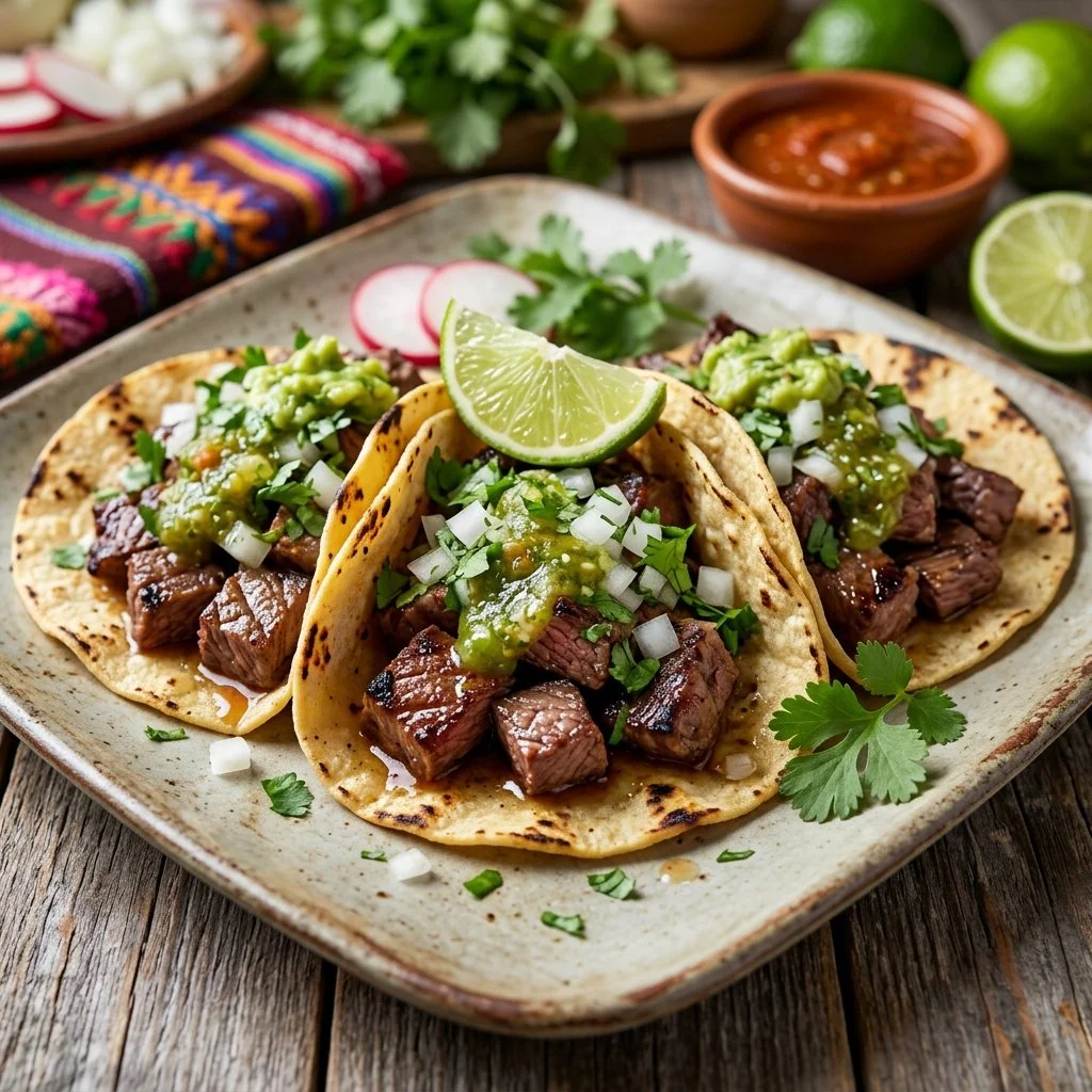 Delicious steak street tacos served with fresh toppings and salsa.