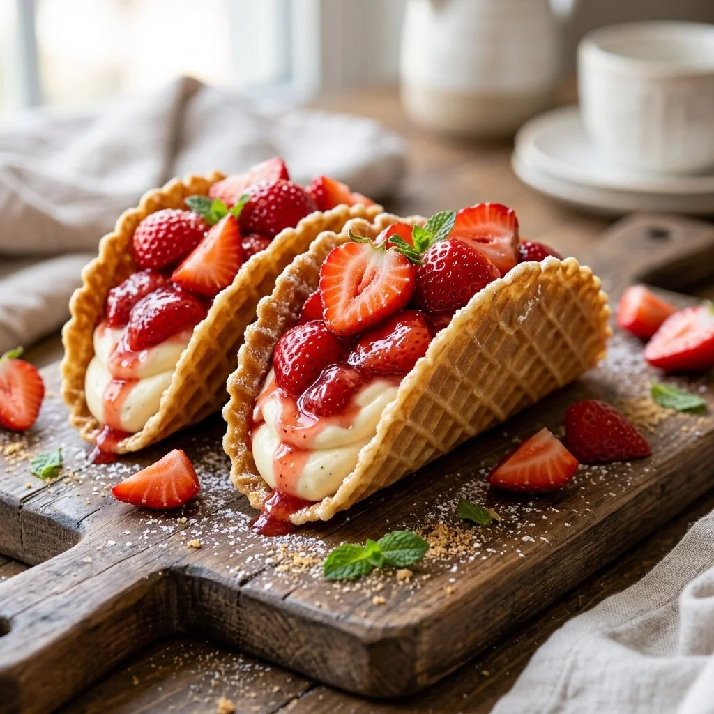 Strawberry cheesecake tacos topped with fresh strawberries and whipped cream