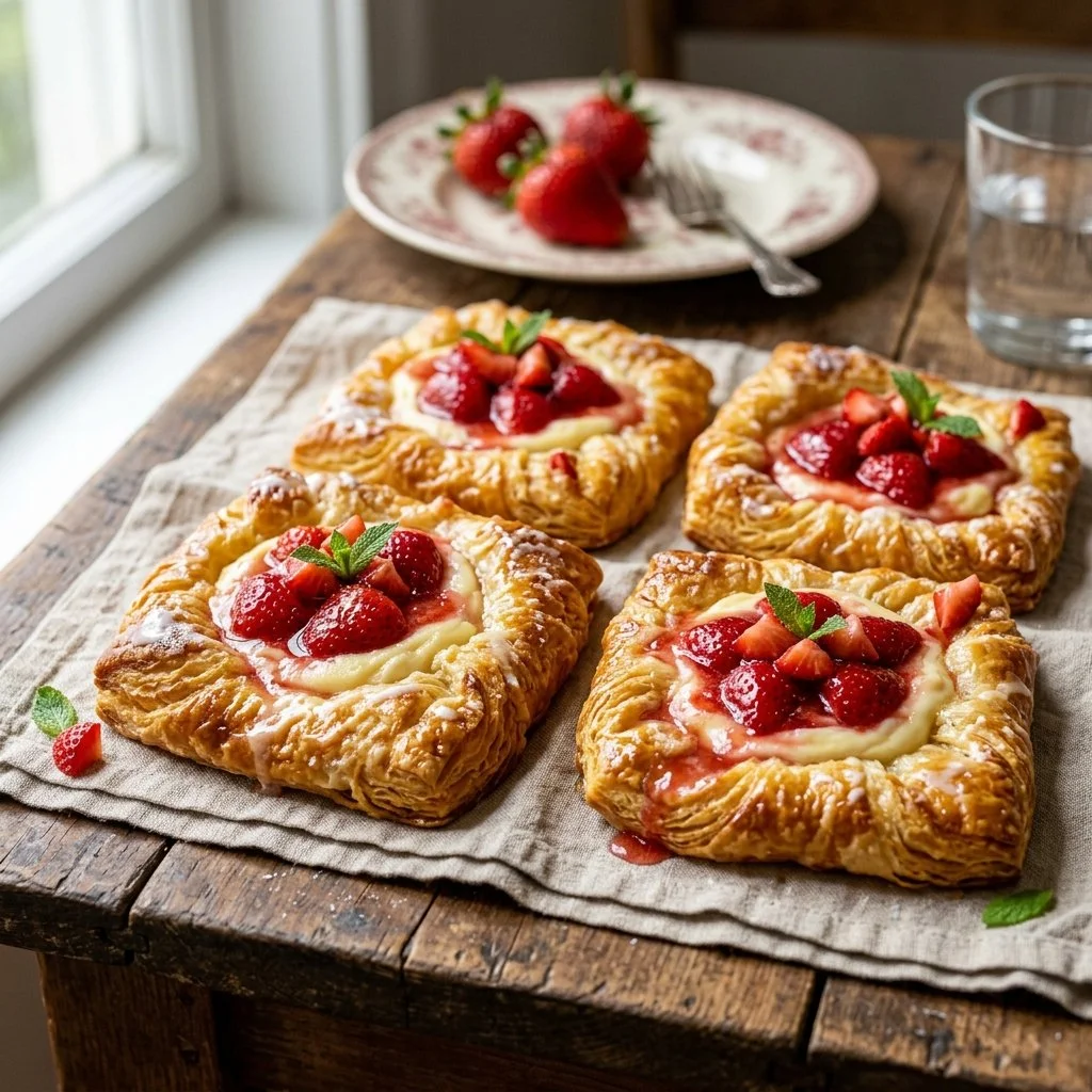 Fresh strawberry cream cheese danishes with flaky pastry