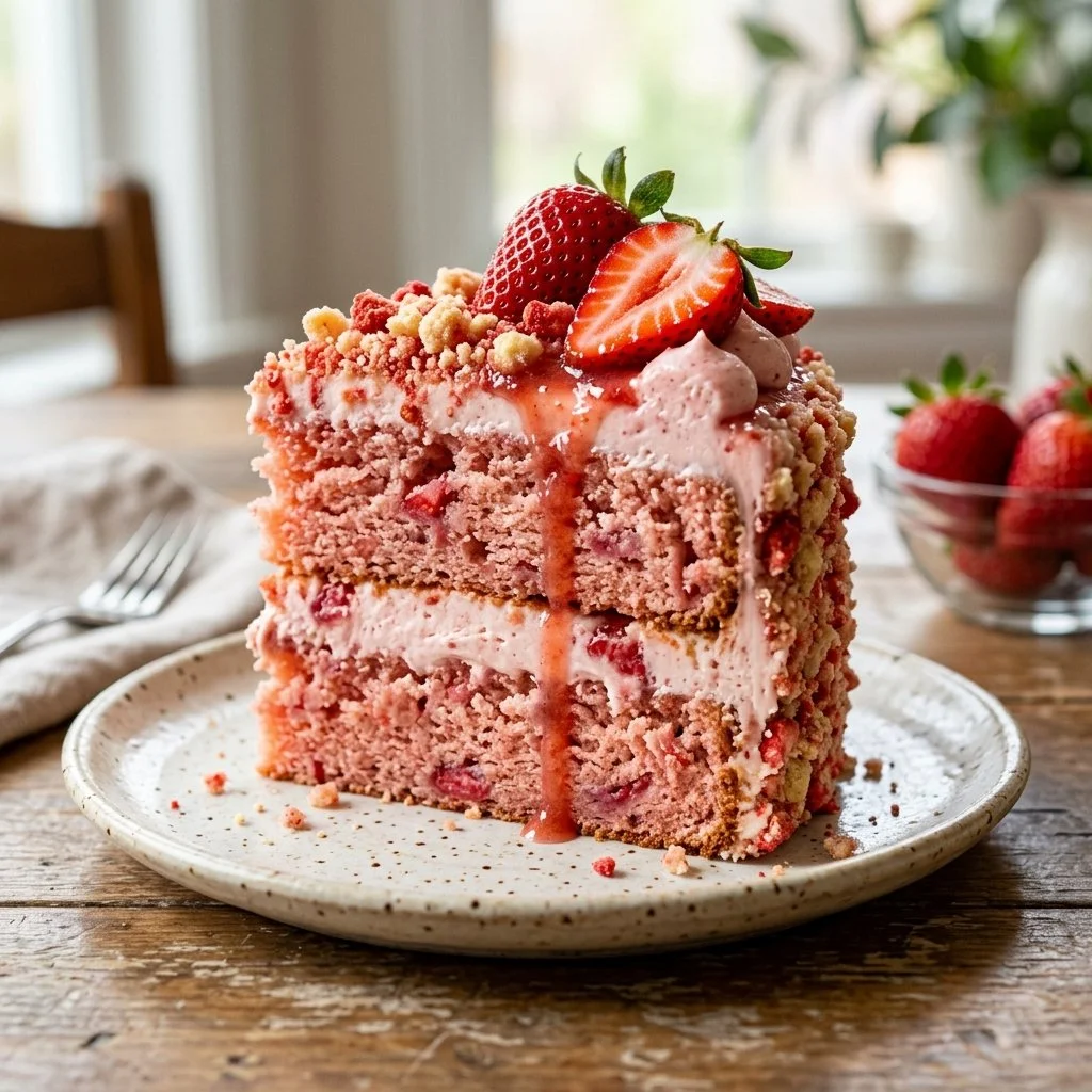 Delicious strawberry crunch cake with vibrant strawberry toppings and crunchy layer