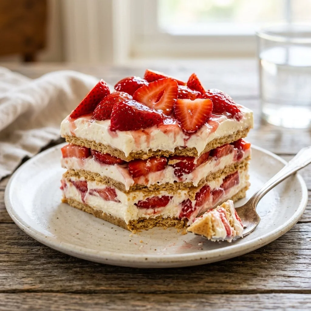 Homemade Strawberry Icebox Cake with fresh strawberries and whipped cream