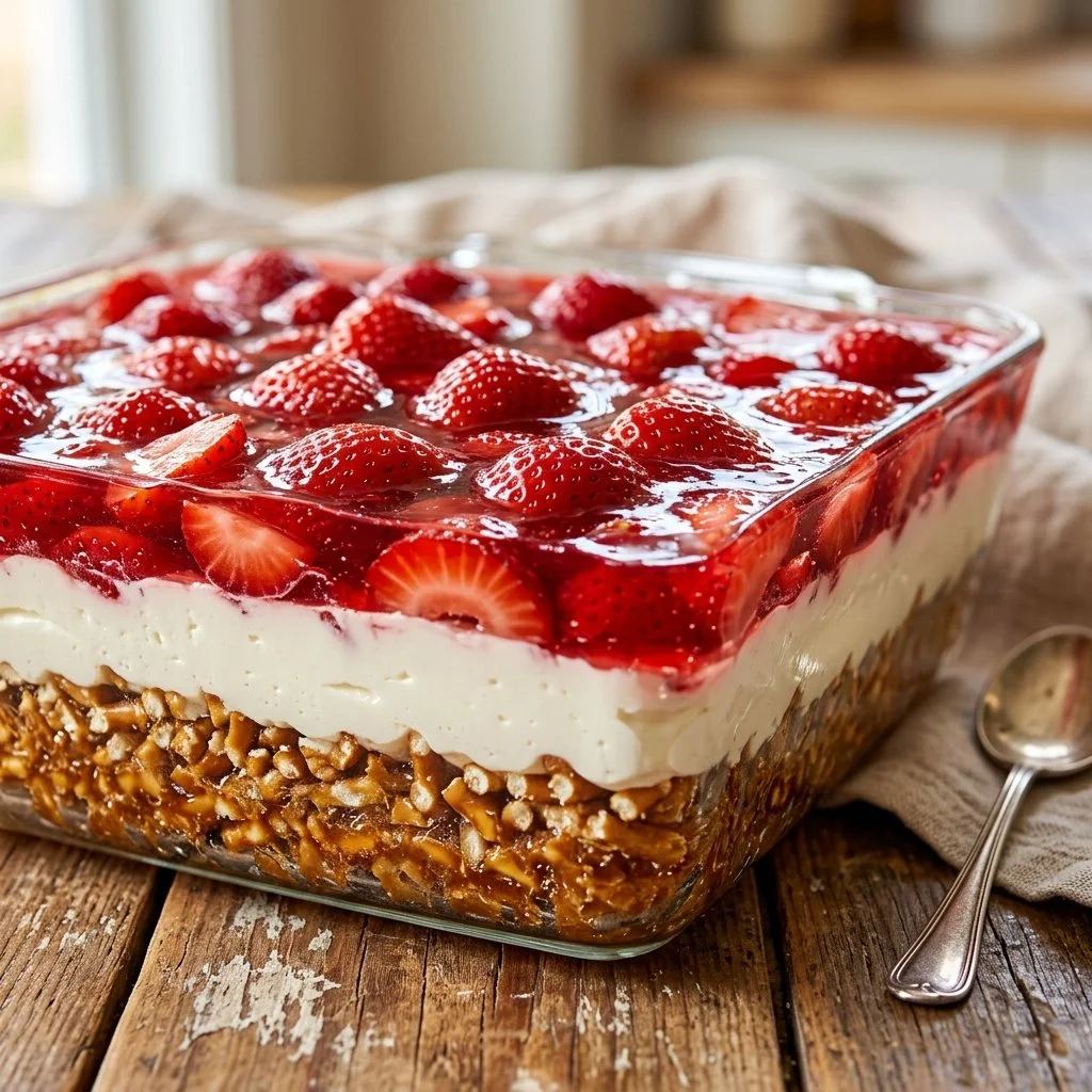 Delicious Strawberry Pretzel Salad with layered cream, strawberries, and pretzel crust