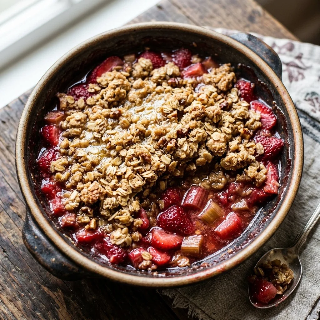 Freshly baked Strawberry Rhubarb Crisp served in a dish