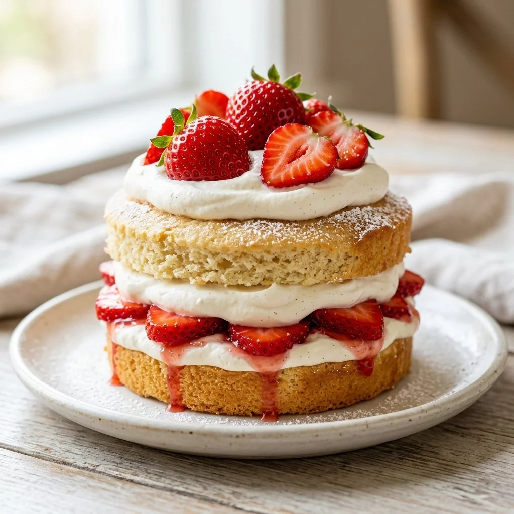 Delicious homemade strawberry shortcake topped with fresh strawberries and whipped cream