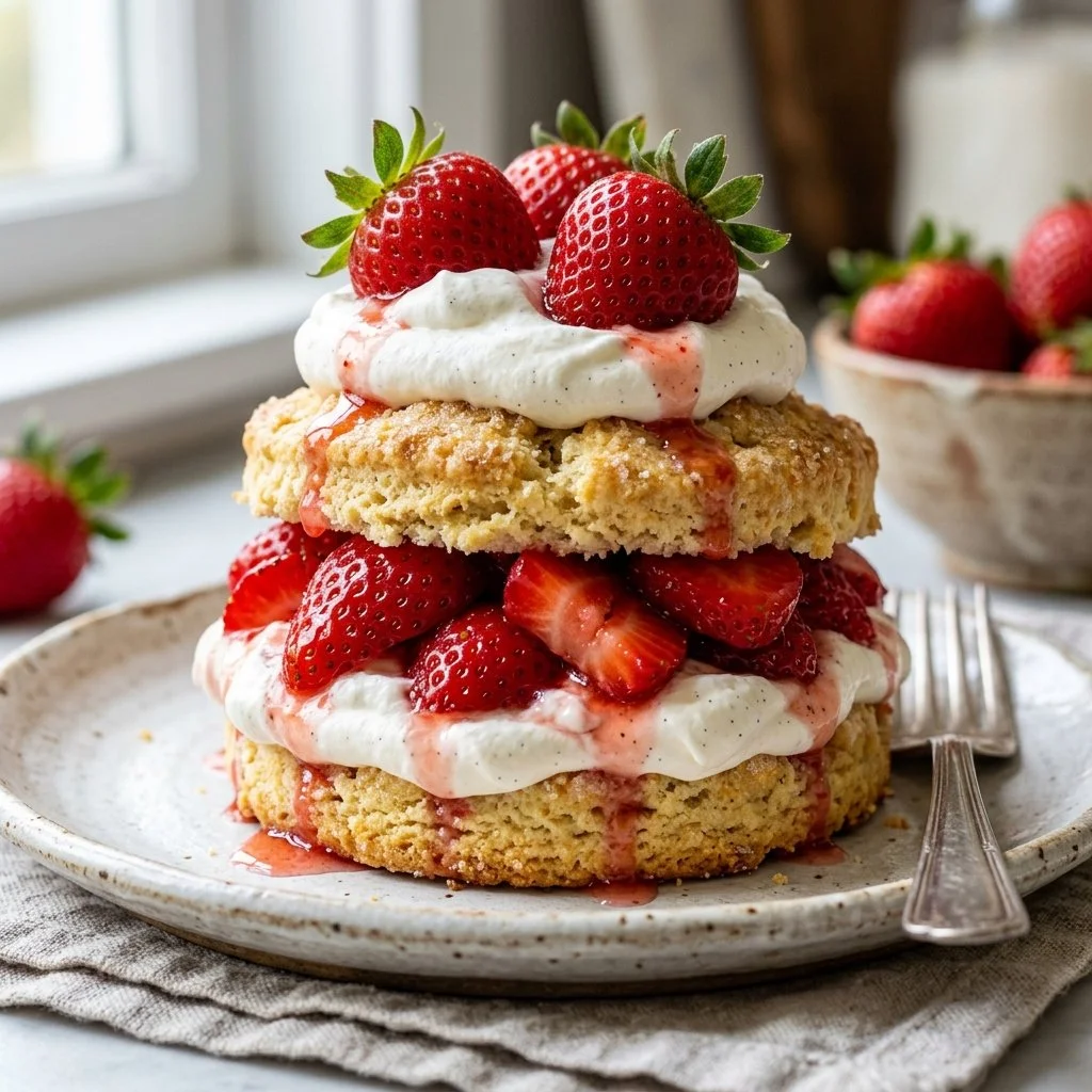 Delicious strawberry shortcake with fresh strawberries and whipped cream