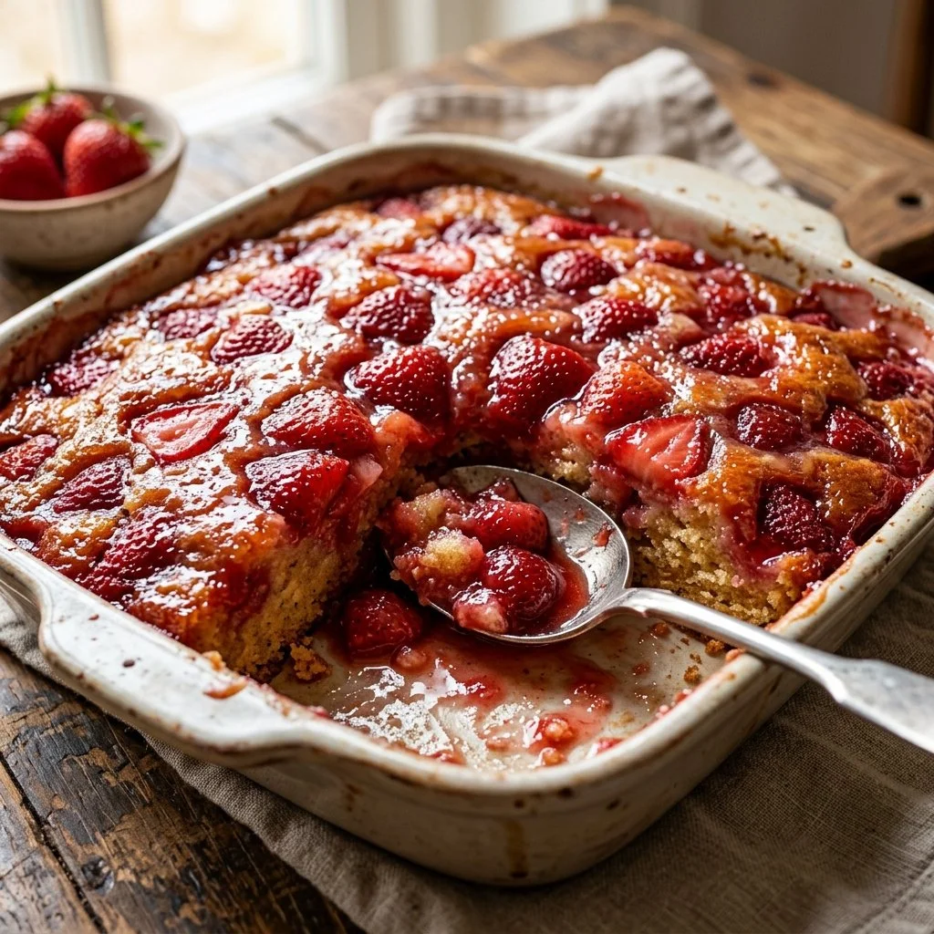 Delicious strawberry spoon cake topped with fresh strawberries