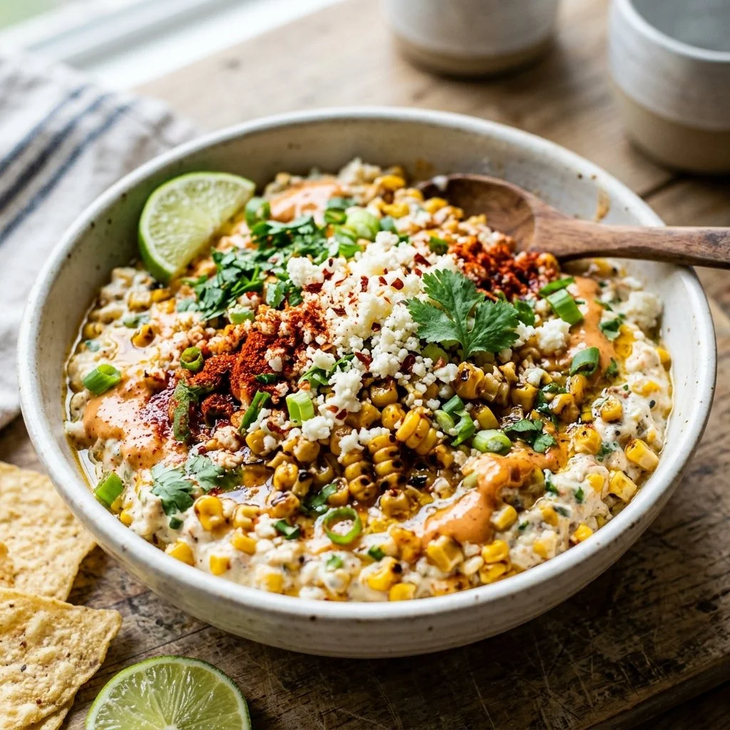 Creamy Street Corn Dip served in a bowl, garnished with cilantro and cheese