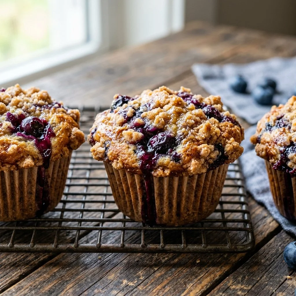 Delicious streusel topped blueberry muffins fresh out of the oven