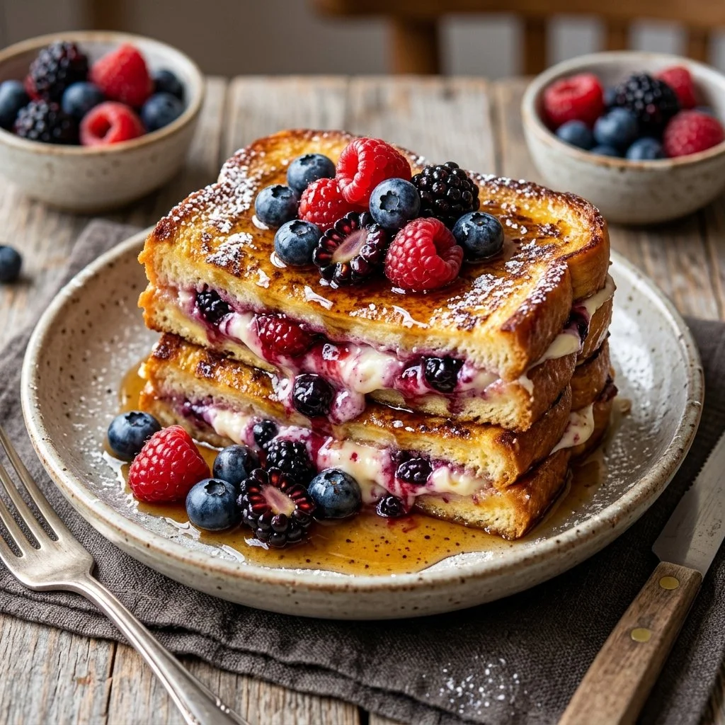 Delicious stuffed French toast with berry filling and syrup drizzle