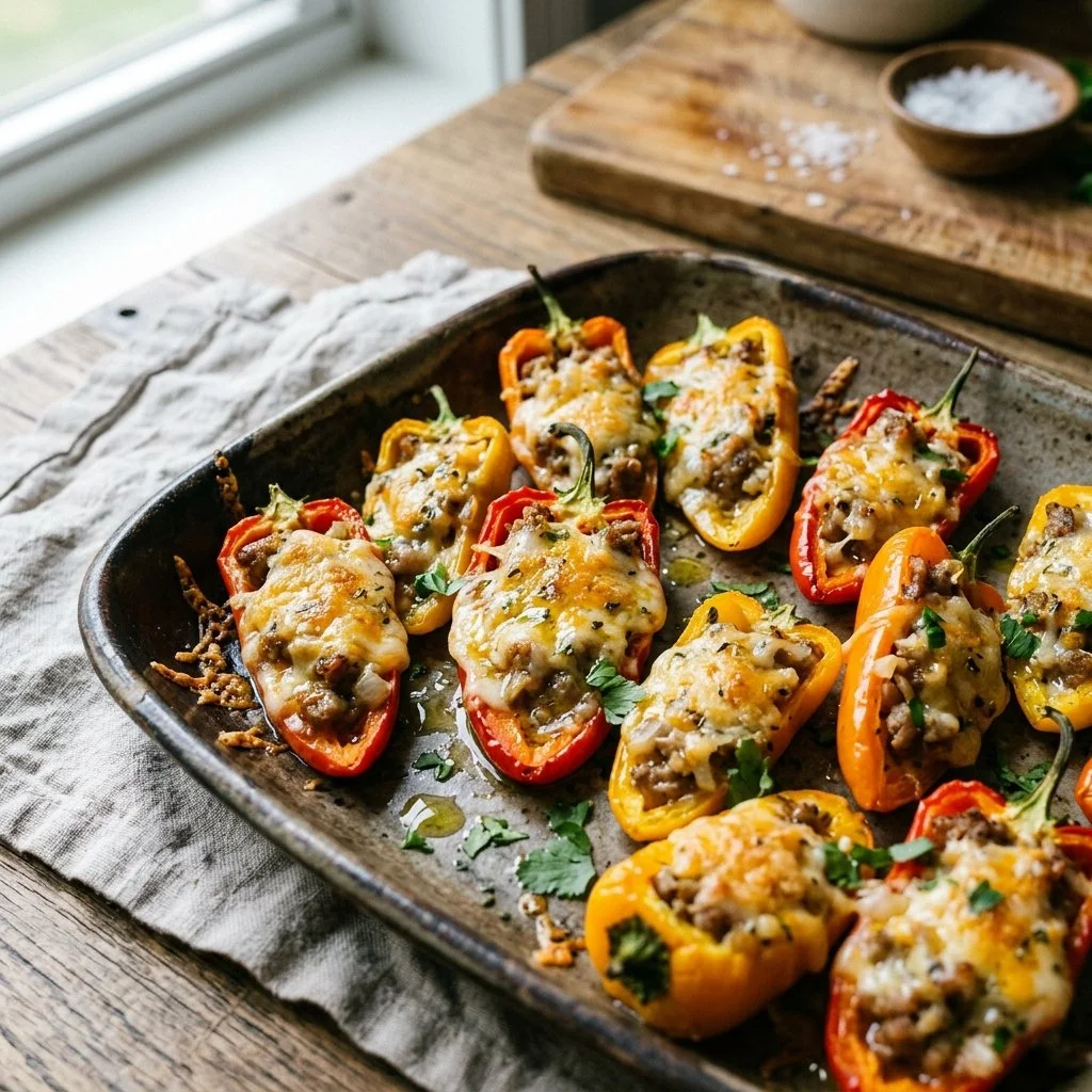 Bowl of stuffed mini peppers filled with cheese and herbs, ready to serve.