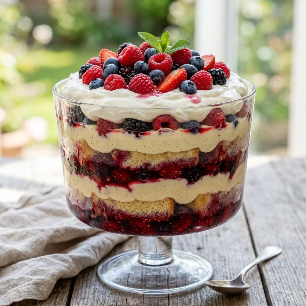 Summer Berry Trifle with layers of berries and cream in a glass dish.