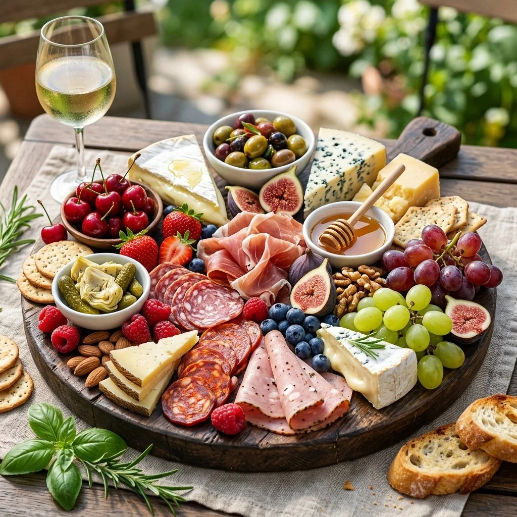 Colorful summer charcuterie board with fresh fruits, cheeses, and cured meats