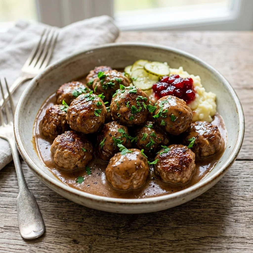 Plate of homemade Swedish Meatballs with creamy sauce and fresh herbs.