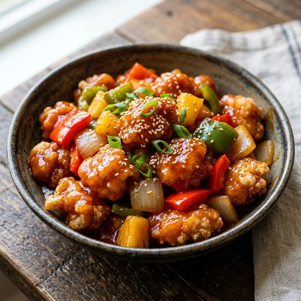 Delicious Sweet and Sour Chicken served with rice and vegetables
