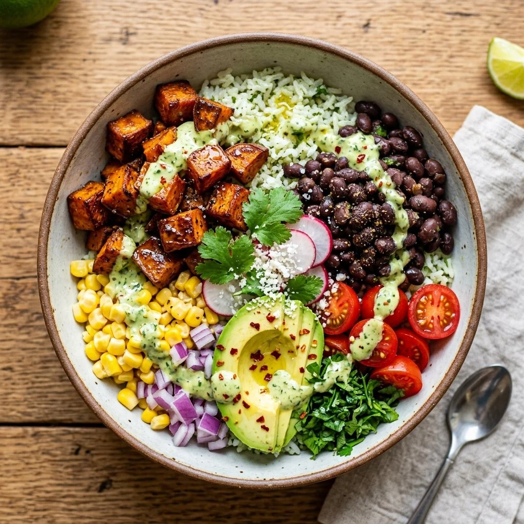 Delicious Sweet Potato Black Bean Bowl topped with fresh ingredients