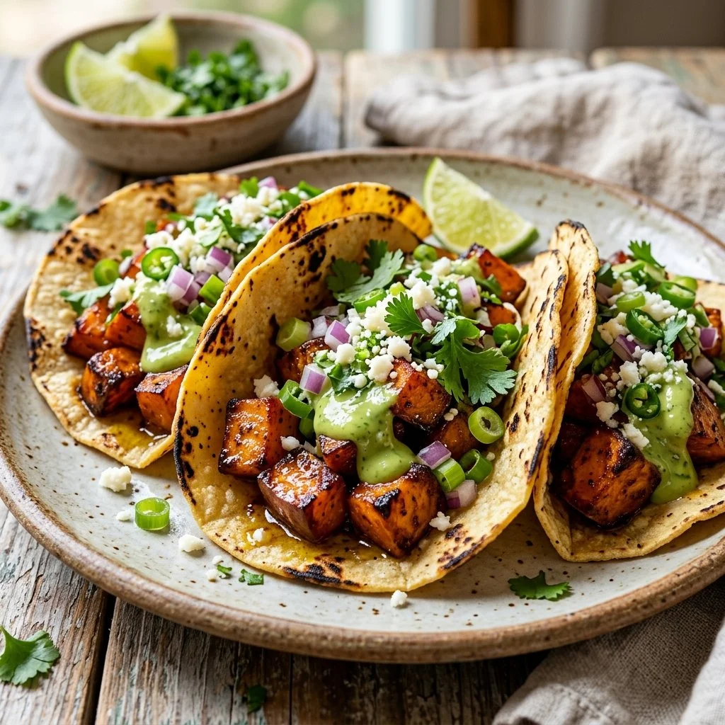 Delicious sweet potato tacos topped with fresh vegetables and herbs