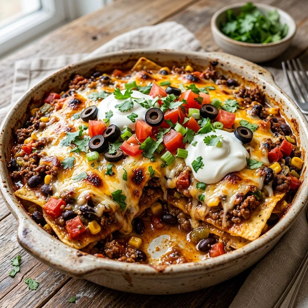 Taco casserole served in a dish, topped with cheese and garnished with cilantro.