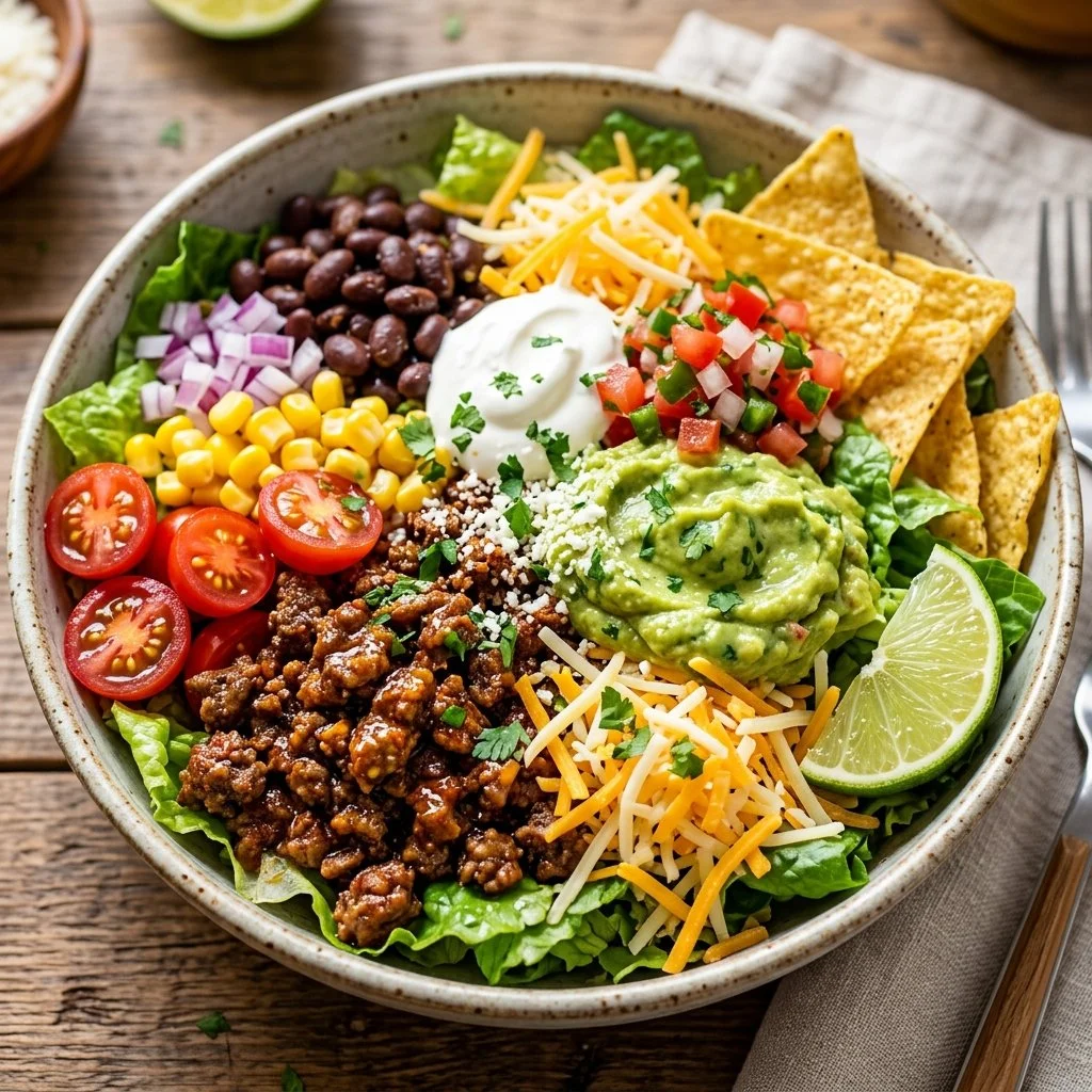 Colorful taco salad bowl with fresh toppings and ingredients