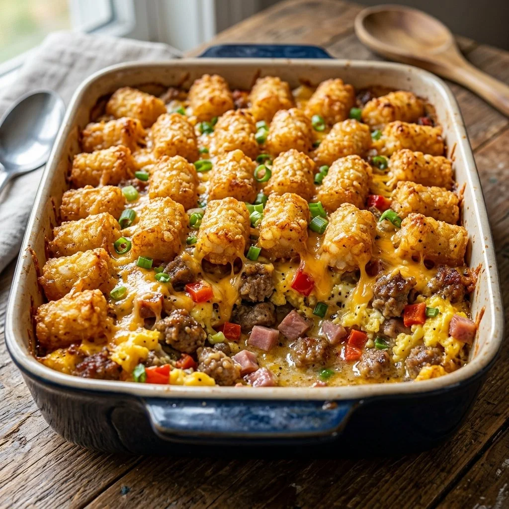 Tater Tot Breakfast Casserole topped with cheese and herbs