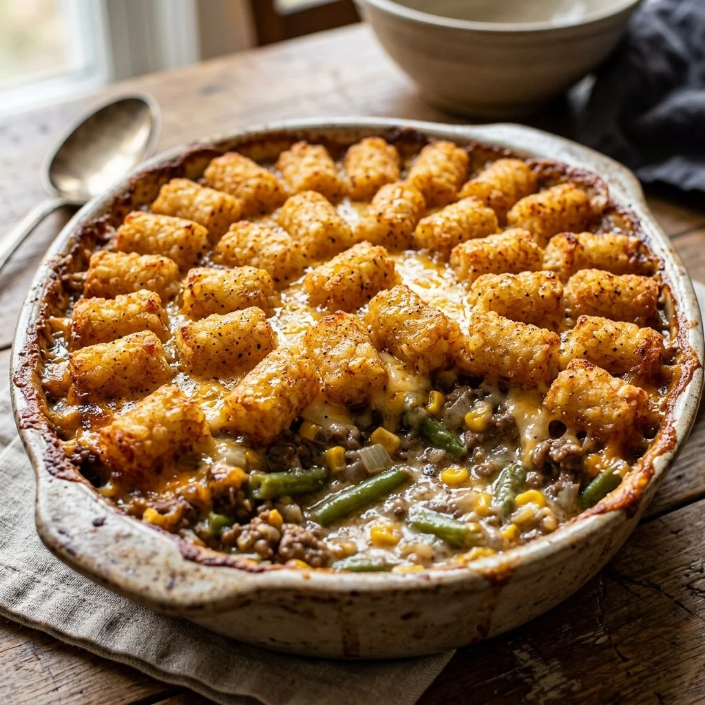 Tater Tot Casserole served in a baking dish, topped with crispy tater tots and melted cheese