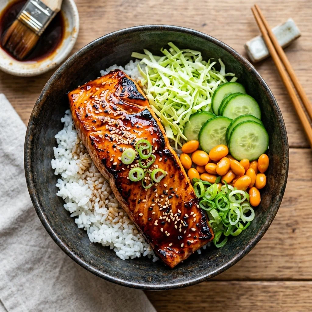 Delicious teriyaki salmon bowl garnished with vegetables and rice