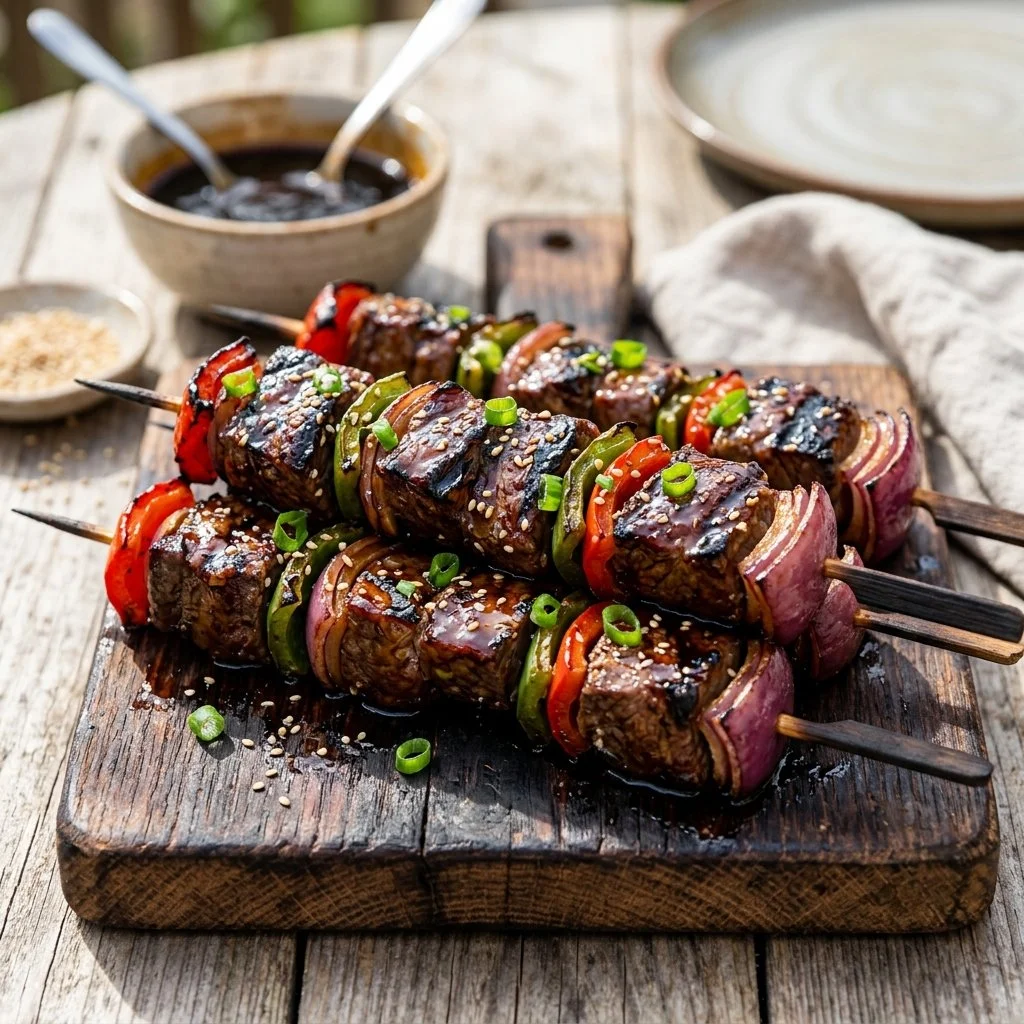 Delicious teriyaki steak skewers ready for grilling and serving.