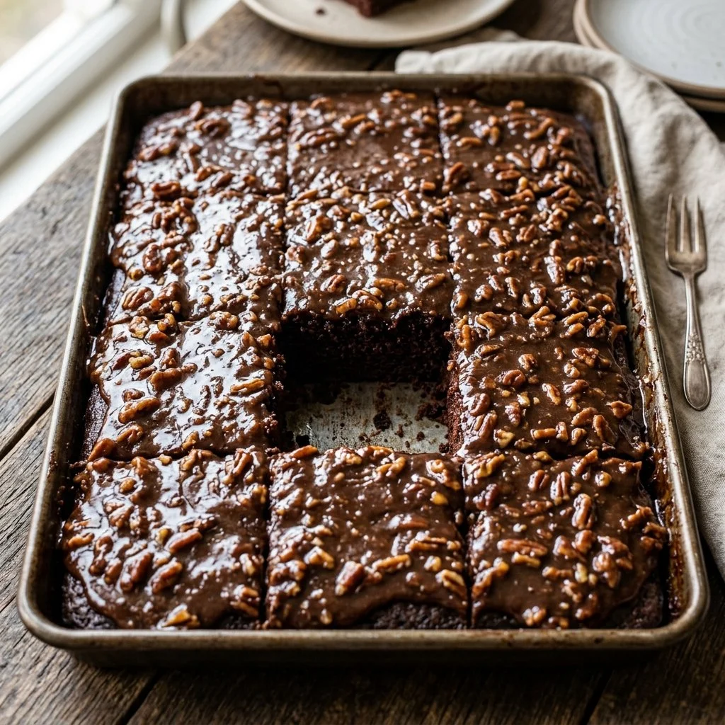 Delicious Texas Sheet Cake with chocolate frosting and sprinkles on top