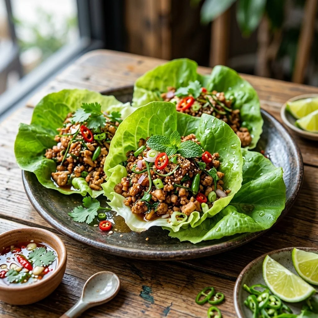 Delicious Thai Chicken Lettuce Wraps served with fresh ingredients