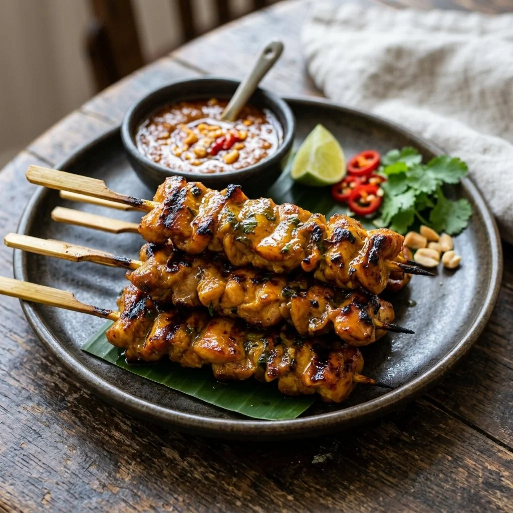 Delicious Thai chicken skewers seasoned with spices and grilled to perfection.