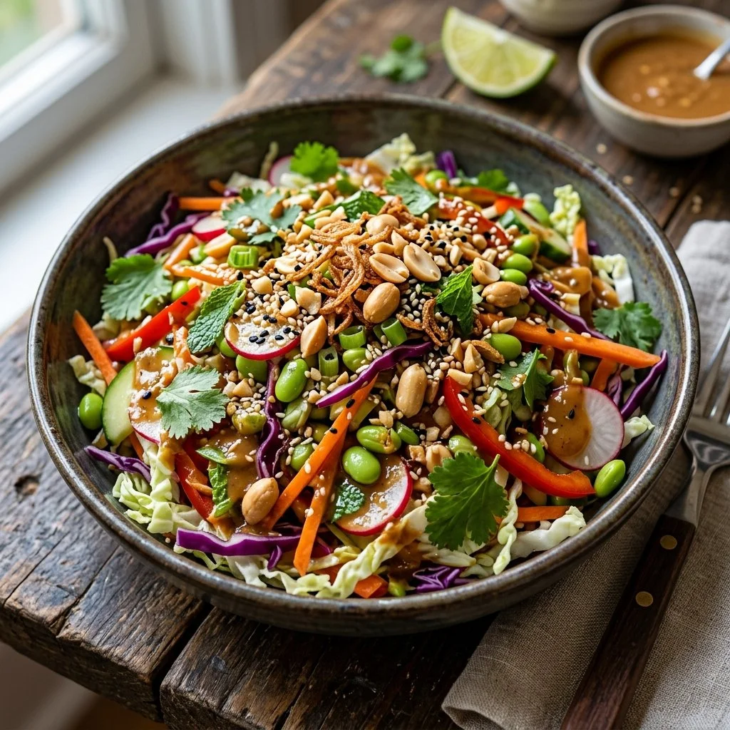 Colorful Thai Crunch Salad with fresh vegetables and crunchy toppings